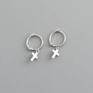 925 Sterling Silver Glossy Cross Hoop Earrings For Women