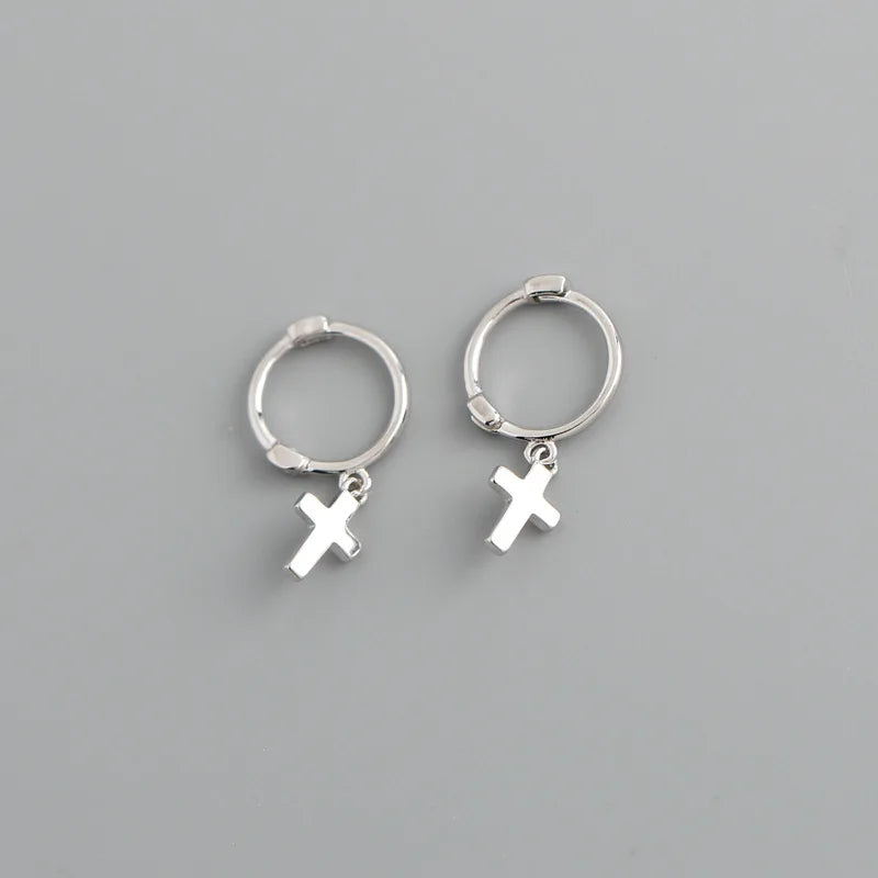 925 Sterling Silver Glossy Cross Hoop Earrings For Women