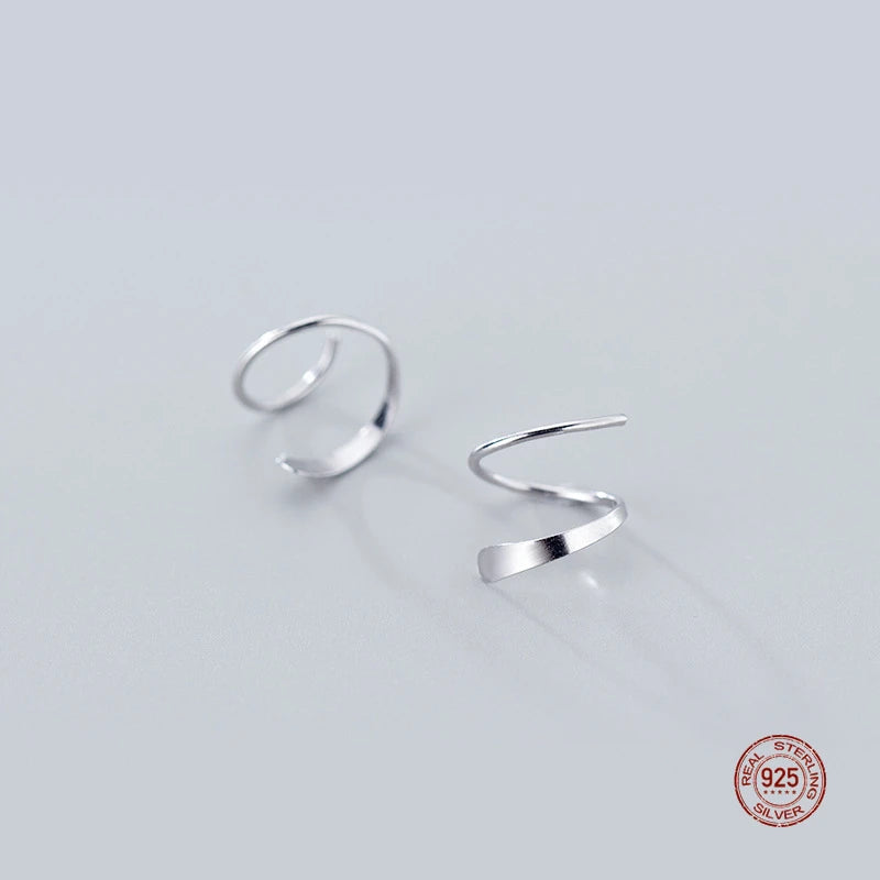 Real 925 Sterling Silver Spiral Wave Line Stud Earrings For Women