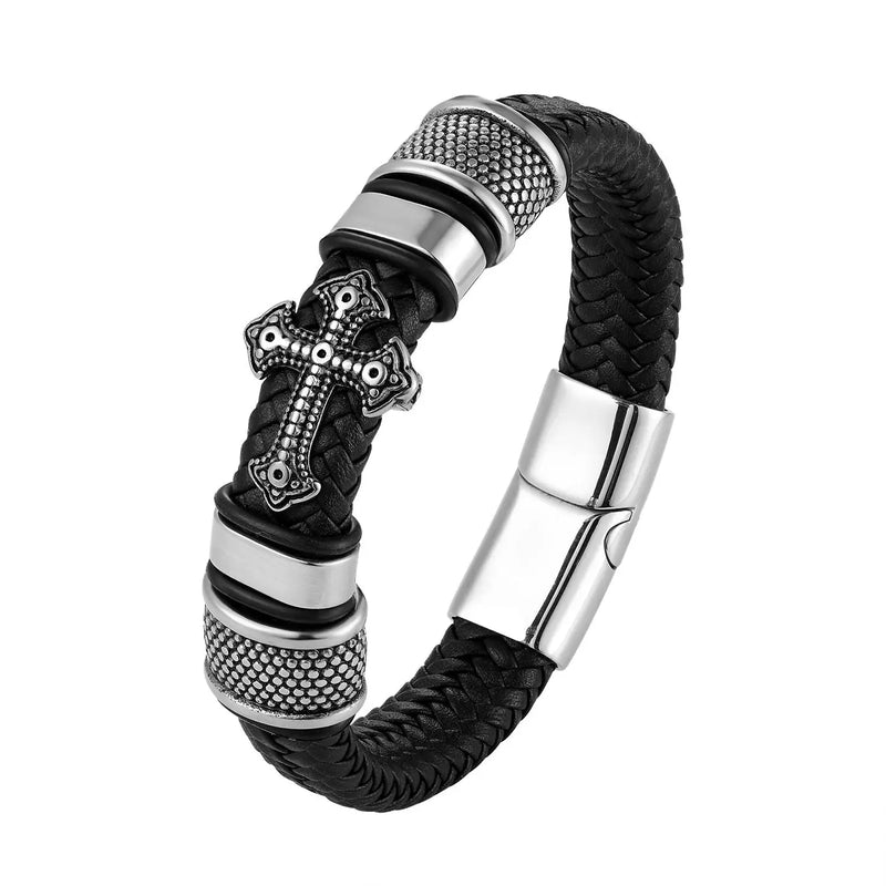 Chain Weaved Leather Man Bracelet Stainless Steel Wristband