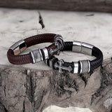 Chain Weaved Leather Man Bracelet Stainless Steel Wristband