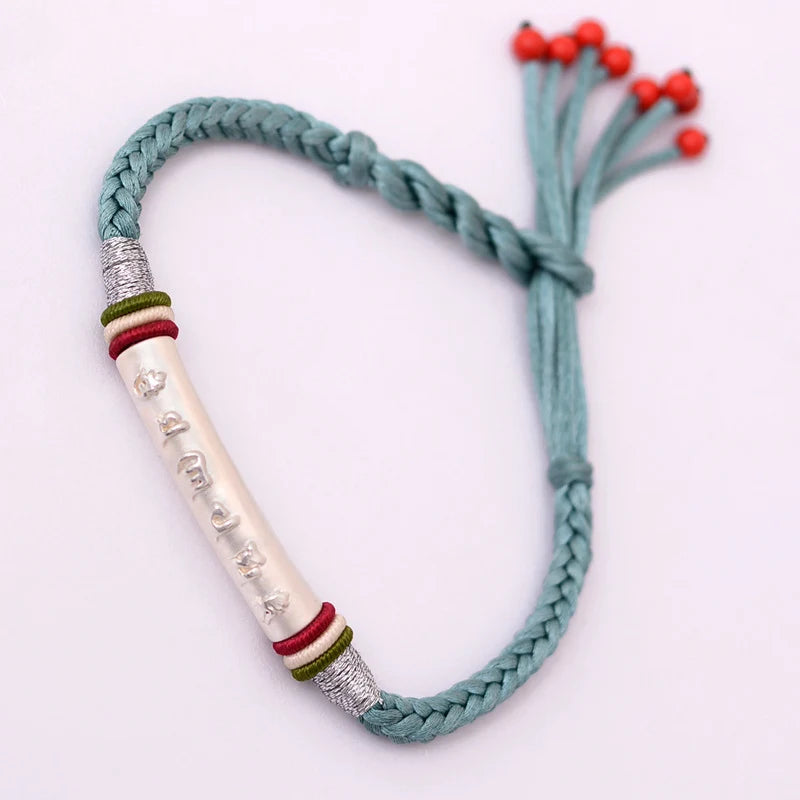 Colorful Ropes Silver Om Mani Padme Hum Bracelet Thai Hand Rope