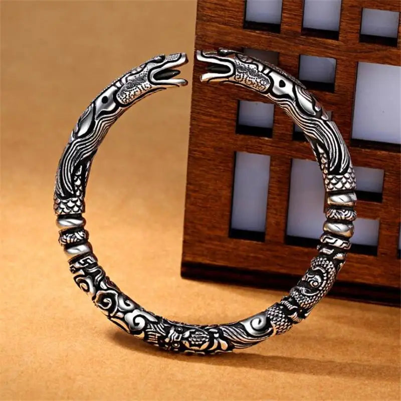 Chinese Dragon Head Silver Bracelet for Men & Women