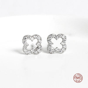 S925 Sterling Silver Clover Ear Studs Zircon Crystal Earrings