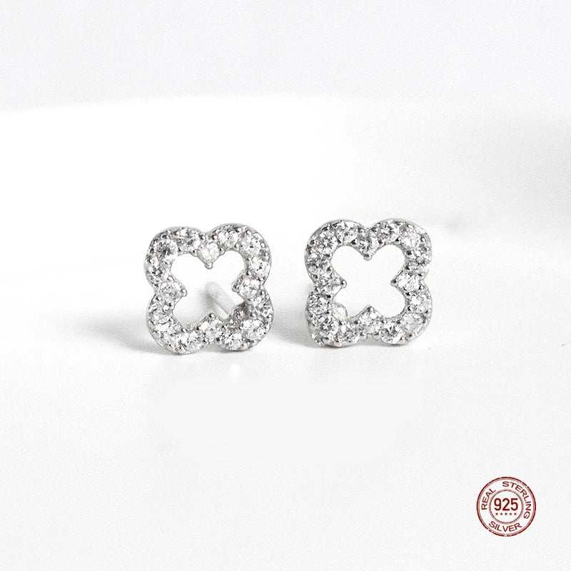 S925 Sterling Silver Clover Ear Studs Zircon Crystal Earrings