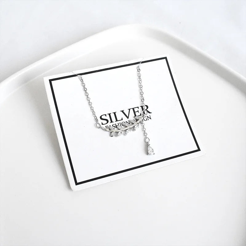 925 Silver Crystal Pendant Necklace Tassel Chain Girl Jewelry