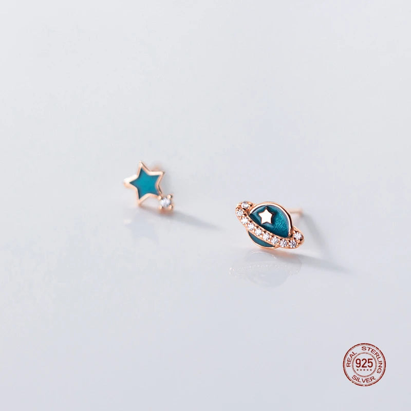 925 Silver Crystal Planet Star Stud Earrings For Women