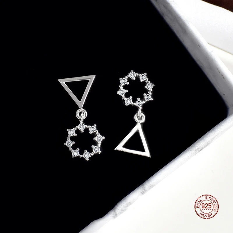 925 Silver Circular Triangle Asymmetry Stud Earrings Wedding Girl Jewellery