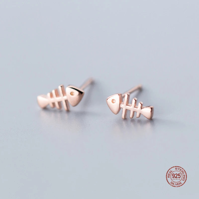 Sterling Silver Fish Bone Stud Earrings for Women - Solid Silver Ear Studs