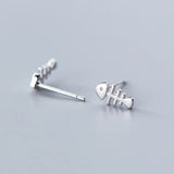 Sterling Silver Fish Bone Stud Earrings for Women - Solid Silver Ear Studs