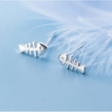 Sterling Silver Fish Bone Stud Earrings for Women - Solid Silver Ear Studs