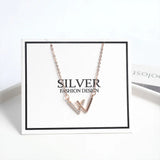 925 Sterling Silver Double V Necklace Crystal Inlay Letter W Rose Necklace
