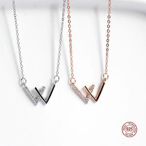 925 Sterling Silver Double V Necklace Crystal Inlay Letter W Rose Necklace