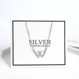 925 Sterling Silver Double V Necklace Crystal Inlay Letter W Rose Necklace