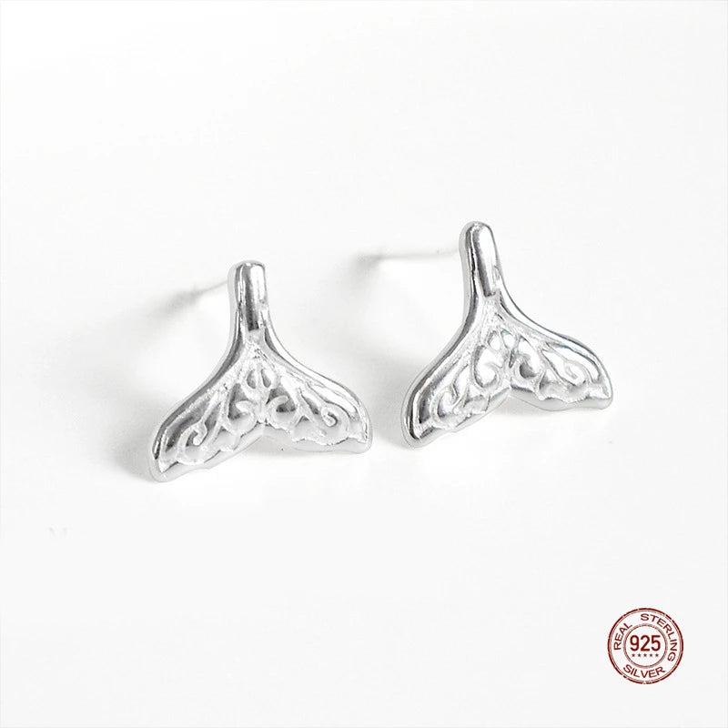 925 Silver Mermaid Tail Earrings Whale Tail Ear Studs