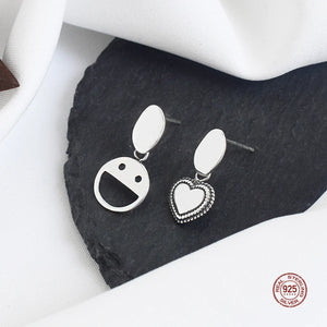 925 Silver Smiley Heart Asymmetry Stud Earrings for Women