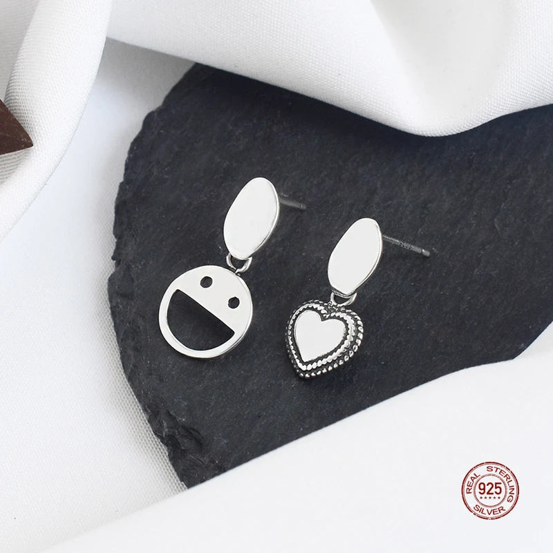 925 Silver Smiley Heart Asymmetry Stud Earrings for Women