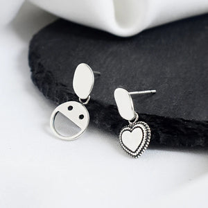 925 Silver Smiley Heart Asymmetry Stud Earrings for Women
