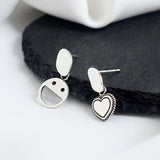 925 Silver Smiley Heart Asymmetry Stud Earrings for Women