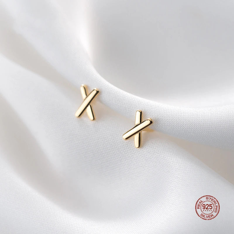 925 Silver Cross Letter X Stud Earrings Minimalist Style for Women