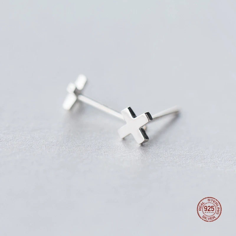 925 Silver Glossy Cross Stud Earrings for Women Girls
