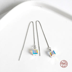 925 Silver Cube Crystal Earrings Tassel Ear Studs Long Dangle
