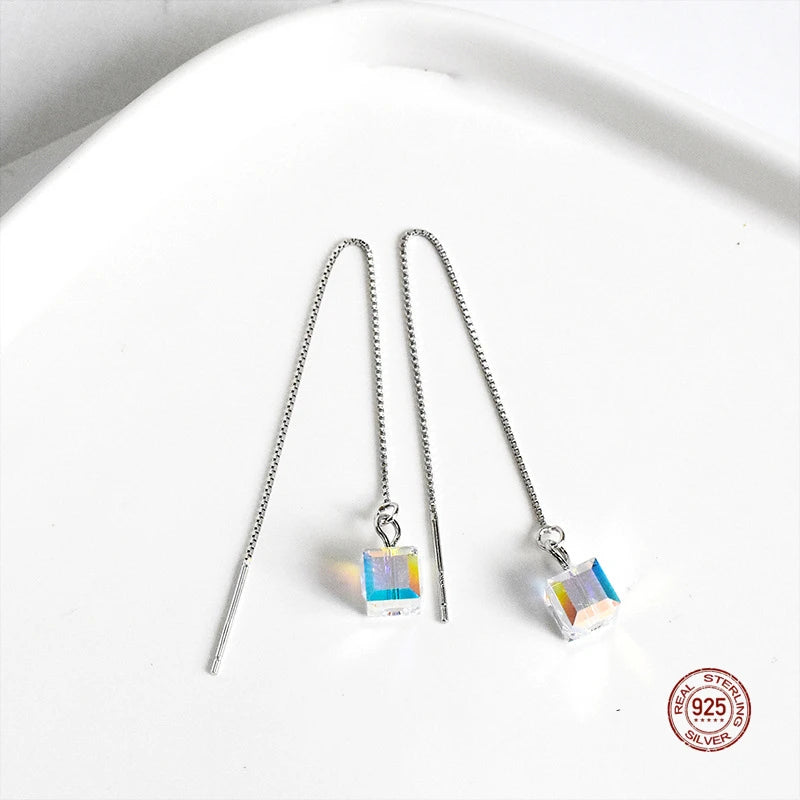 925 Silver Cube Crystal Earrings Tassel Ear Studs Long Dangle