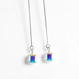 925 Silver Cube Crystal Earrings Tassel Ear Studs Long Dangle