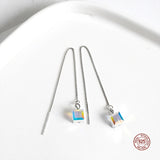 925 Silver Cube Crystal Earrings Tassel Ear Studs Long Dangle