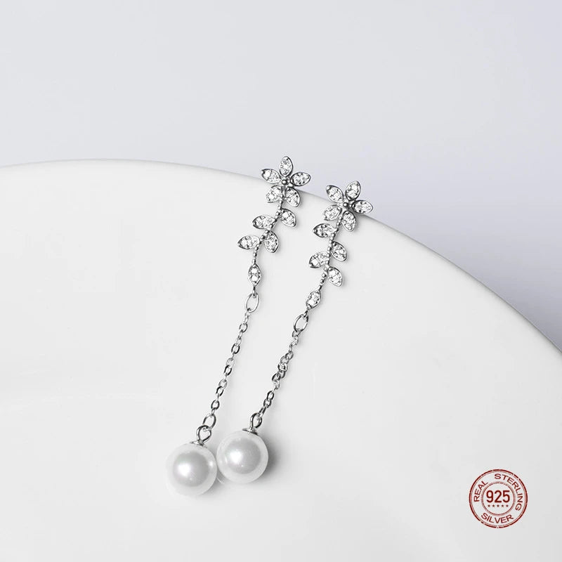 925 Silver Pearl Tassels Earrings Woman Jewelry Party Ear Studs