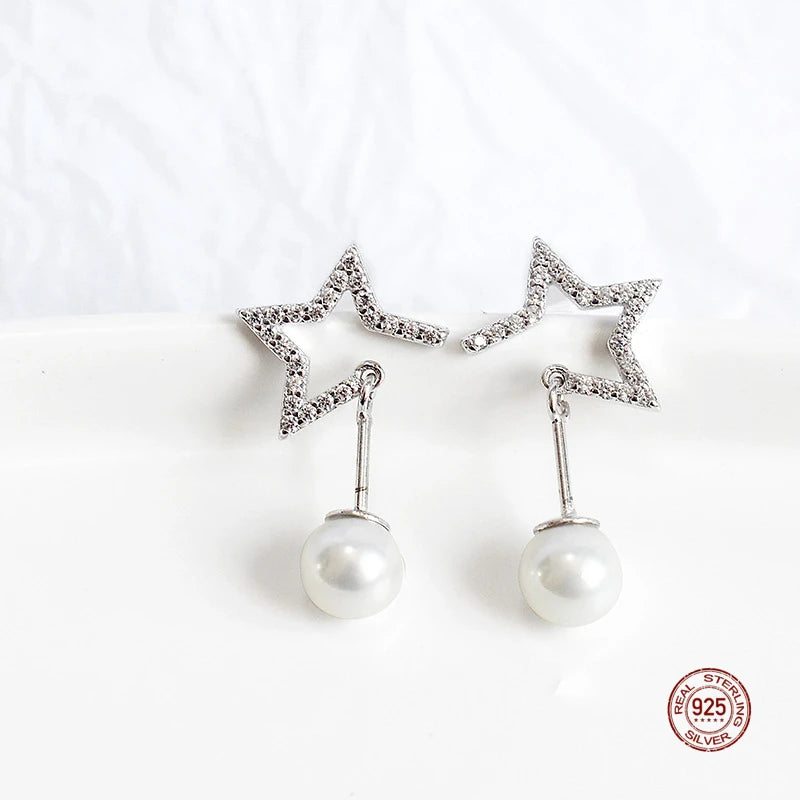 925 Silver Star & Pearl Stud Earrings Women Wedding Party Jewelry