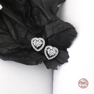 925 Silver Crystal Love Heart Stud Earrings Romantic Wedding Jewelry