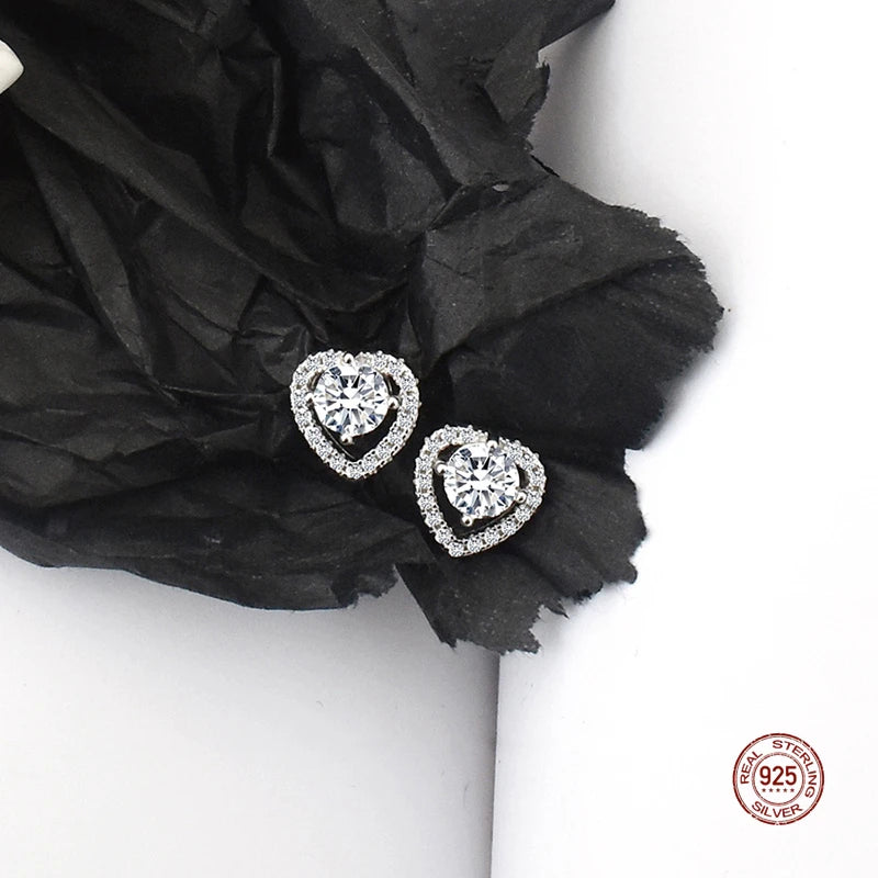 925 Silver Crystal Love Heart Stud Earrings Romantic Wedding Jewelry