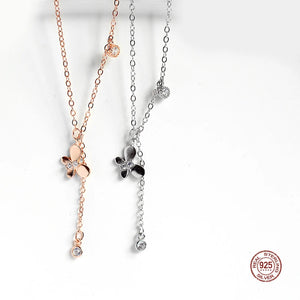 925 Silver Zircon Butterfly Tassel Necklace Silver and Rose Gold Chain