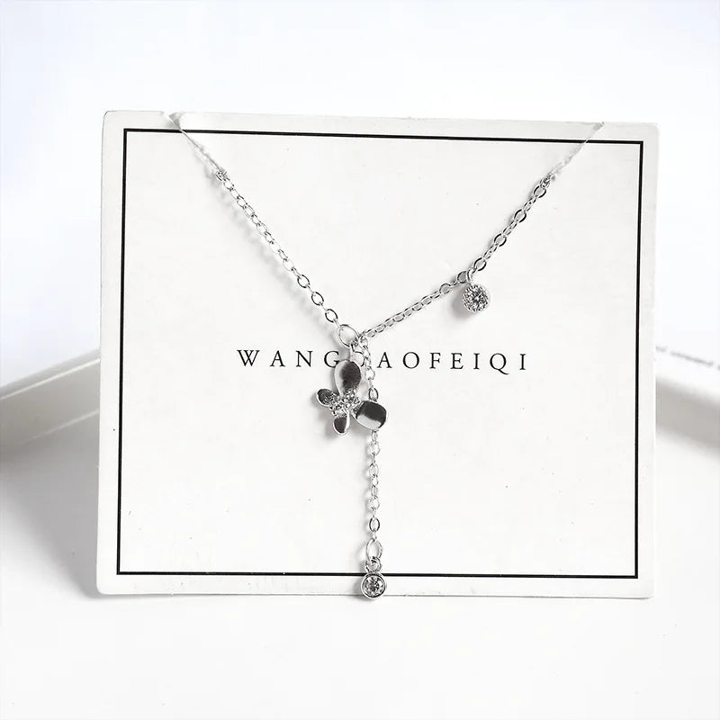 925 Silver Zircon Butterfly Tassel Necklace Silver and Rose Gold Chain