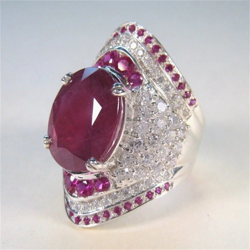Vintage Big Ruby Rings Real Tibetan Silver Engagement Wedding Jewelry