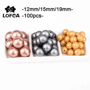 100pcs Silver Print Silicone Beads 12/15/19mm DIY Baby Teething Chewable Round