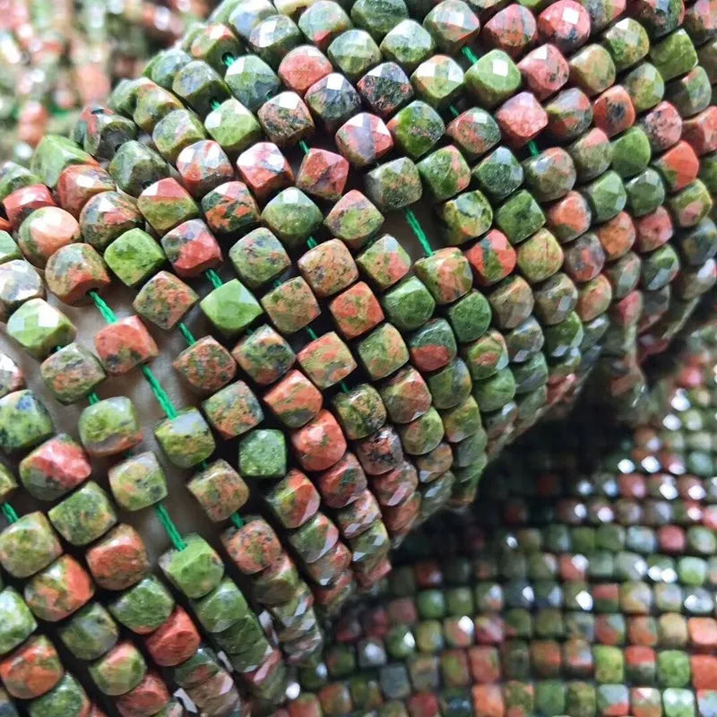 Faceted Green/Red Unakite Square Beads 5mm 14in Necklace