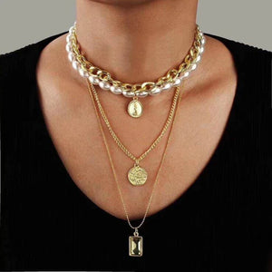 Layered Pearl Chain Choker Necklace Collar Statement Charm Coin Crystal Pendant