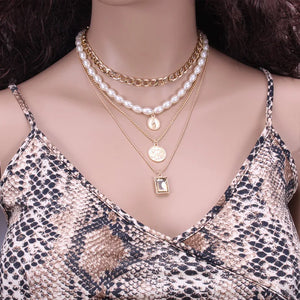 Layered Pearl Chain Choker Necklace Collar Statement Charm Coin Crystal Pendant