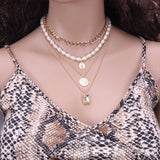 Layered Pearl Chain Choker Necklace Collar Statement Charm Coin Crystal Pendant