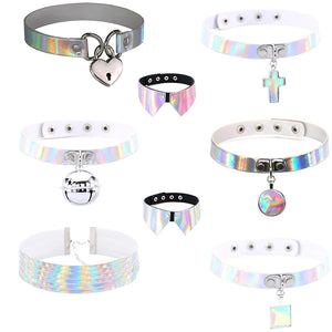 Punk Laser Leather Heart Choker Bell Necklace