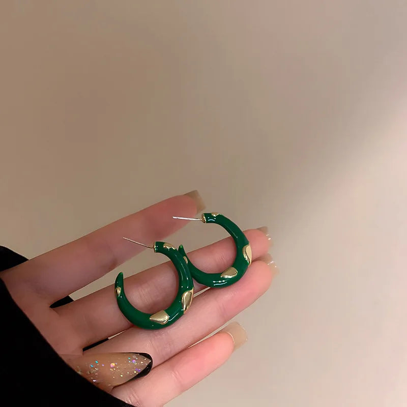 Vintage Green Enamel Dot Hoop Earrings for Women
