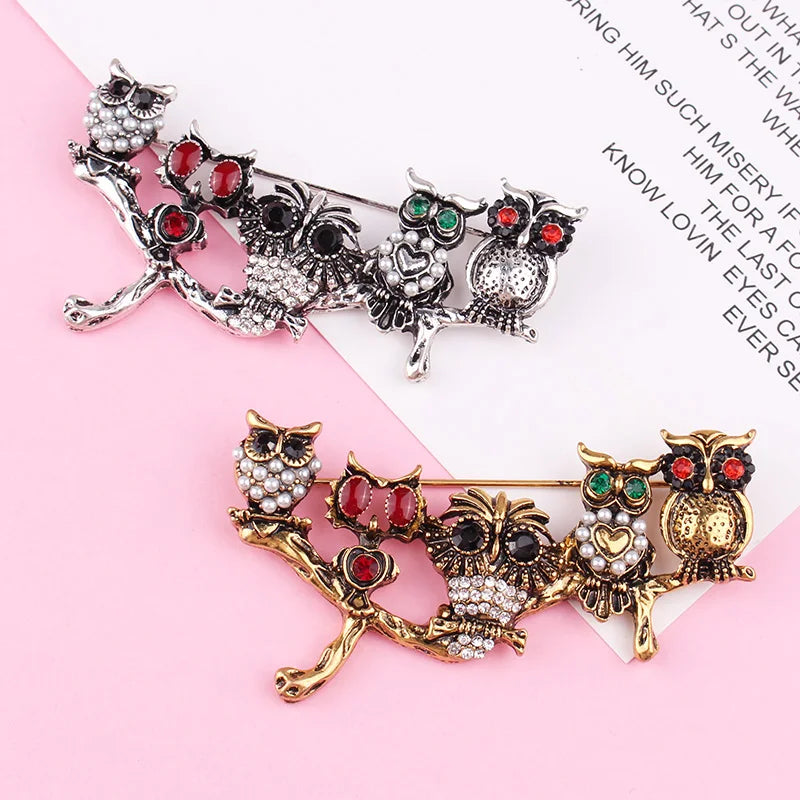 Crystal Eyes Owls Brooches Pins Vintage Costume Jewelry
