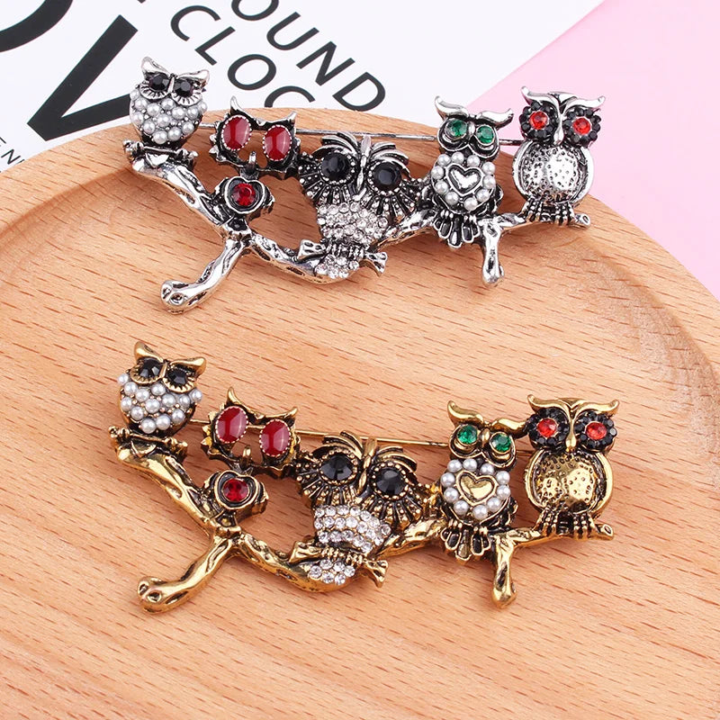 Crystal Eyes Owls Brooches Pins Vintage Costume Jewelry