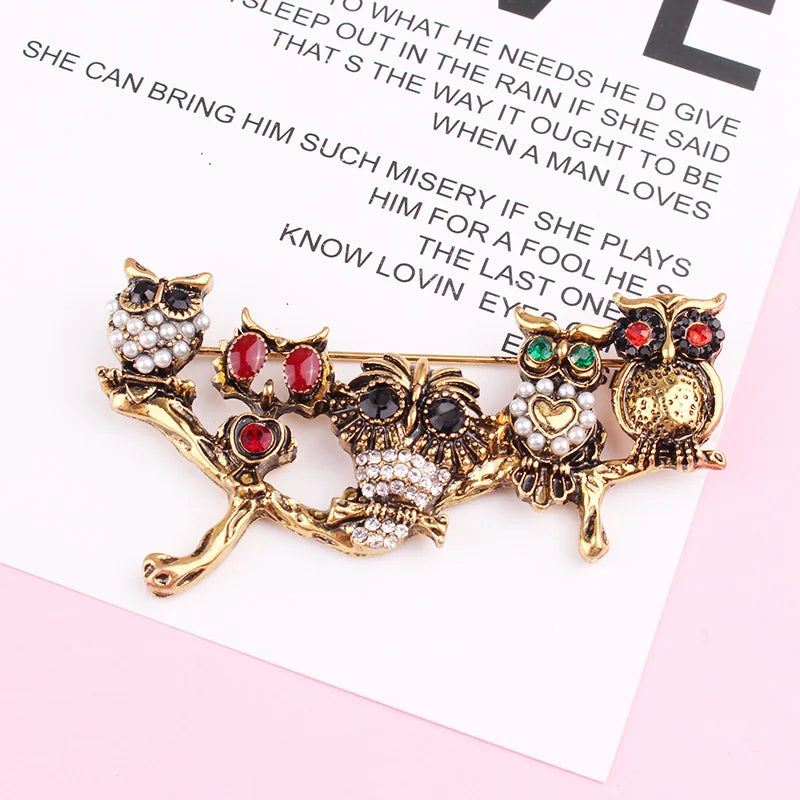 Crystal Eyes Owls Brooches Pins Vintage Costume Jewelry