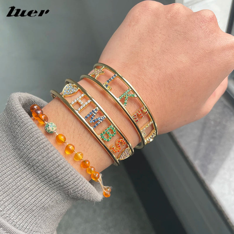Colorful Zircon Bangles Personalized Letter Name Copper Bracelet Rhinestone