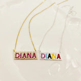 LUER Enamel Name Necklace/Rainbow Rhinestone Pendant Necklace