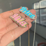 LUER Enamel Name Necklace Rhinestone Letter Pendant Nameplate Necklace