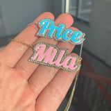 LUER Enamel Name Necklace Rhinestone Letter Pendant Nameplate Necklace